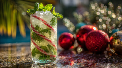 Festive Cuban mojito cocktail with fresh mint, lime, and crushed ice, surrounded by Christmas ornaments and tropical decor
