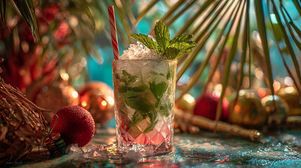 Festive Cuban mojito cocktail with fresh mint, lime, and crushed ice, surrounded by Christmas ornaments and tropical decor
