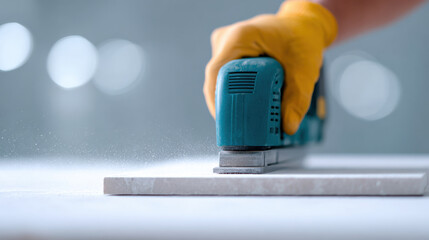 Cordless sander smoothing white tile surface with dust particles flying, hand wearing yellow glove holding tool carefully