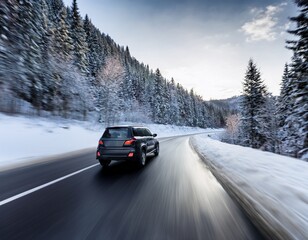 powerful dark suv speeding on a snow covered mountain road with significant motion blur effect