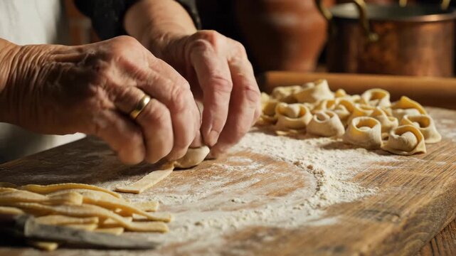Close-up of hands making fresh pasta on a wooden board with flour, traditional Italian cooking.