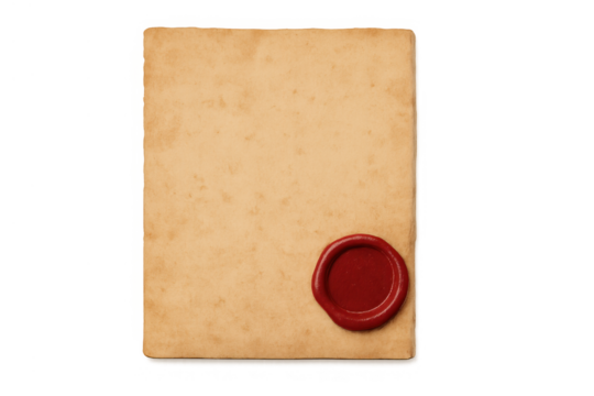 Old paper sheet with a red wax seal, providing a document theme with copy space, on a transparent background