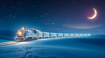 The polar express train under the moonlight in a winter wonderland landscape