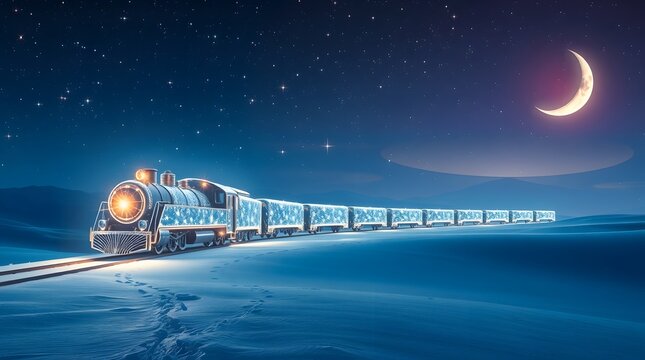 The polar express train under the moonlight in a winter wonderland landscape