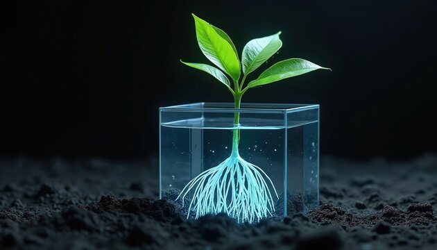 Green plant grows in glass container with water showing detailed root system absorbing liquid. Healthy plant life cycle study in scientific setup. Botany lesson with glowing roots.
