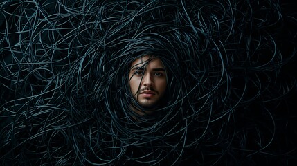 Young man surrounded by dark cables with a focused expression  
