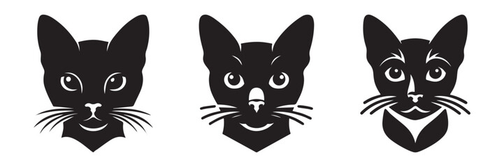 Three black cat faces with detailed features and whiskers.