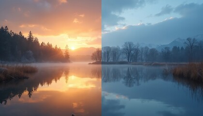 Fototapeta premium Sunrise paints lake gold sunset chills water blue. Reflections show trees, mountains, and clouds. Fog drifts over calm surface at dawn and dusk. Seasons contrast across tranquil water.