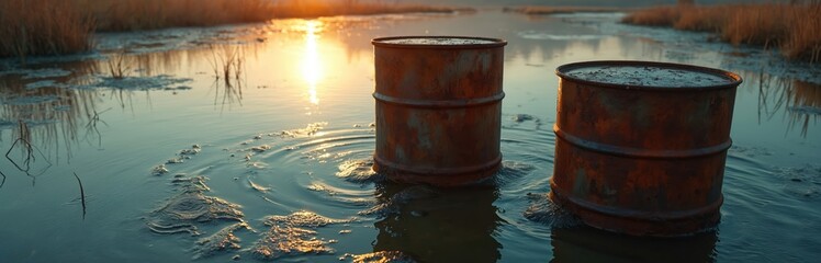 Rusty industrial barrels stand in polluted water at sunset. Old metal drums leak toxic chemical waste into river. Contamination poisons natural landscape, damaging ecosystem. Scene showing ecological