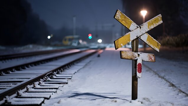 snow storm on the rail crossing , crossing signal 