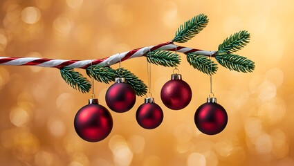 Christmas decoration. Red balls hanging on pine branches Christmas tree