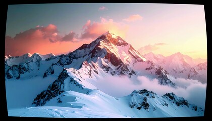 A dramatic sunrise illuminates a towering, snow-covered mountain range, with clouds creating a mystical atmosphere.