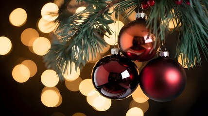 Christmas decoration. Red balls hanging on pine branches Christmas tree