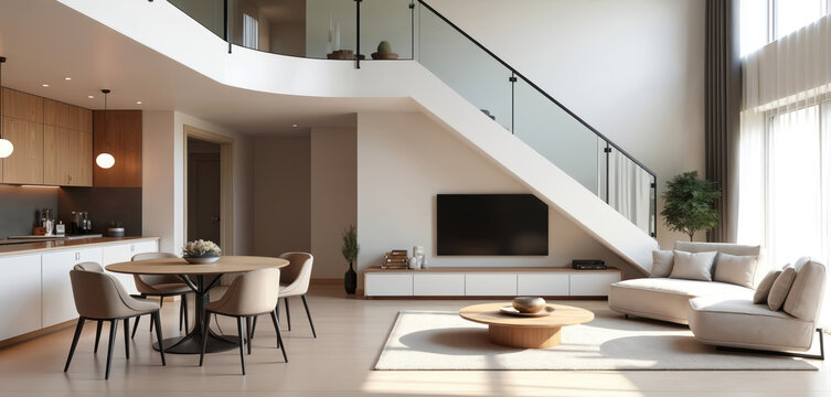 Modern duplex house interior features open living space with kitchen dining area and lounge. Two level home has wood accents white walls glass railing staircase.