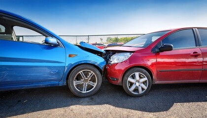 a blue car has crashed into the back of a red car causing damage and a traffic incident