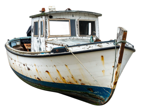 Old weathered wooden fishing boat with peeling paint isolated on transparent background