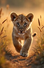 Obraz premium Young lion cub walks on dirt path towards camera. Lioness is golden colored with light fur and dark spots. Baby lion moves in savanna with tall grass. Animal has big eyes and fluffy ears.