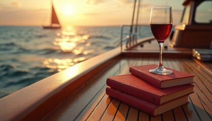 Wine glass with red wine sits on books on yacht. Sea and sunset create backdrop. Leisure scene displays relaxation reading with drink aboard sailboat at sundown. Vacation or trip concept.