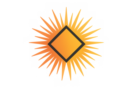 Shining sun geometric logo design radiating orange light with square shape, abstract summer energy branding icon