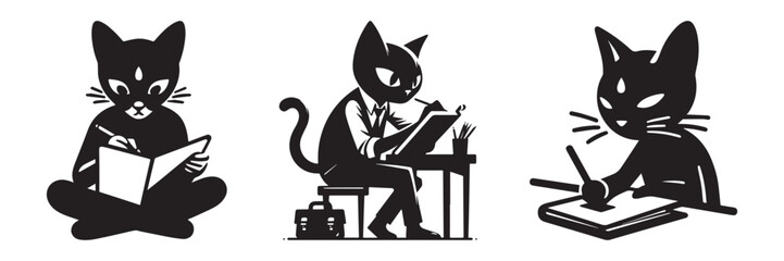 Cats Engaged in Various Activities Depicted in Silhouette Style.