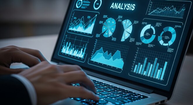Hands typing on laptop displaying complex financial data analysis charts