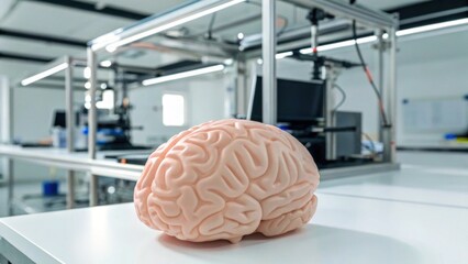 A realistic brain model sits on a table in a high-tech lab, surrounded by scientific equipment and advanced machinery.