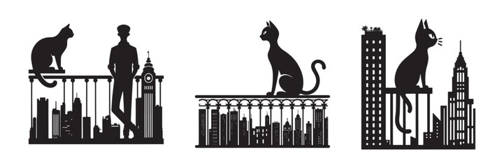 Silhouette Art: Cats Buildings and People in Urban Scenes.