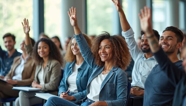 Diverse group of people attend meeting in modern office room. Attendees raise hands, ask questions, participate actively in discussion. Enthusiastic audience eager to learn, share insights during