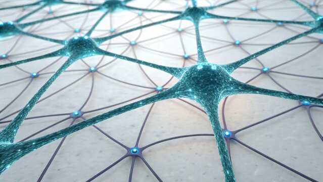 A detailed illustration of a neural network, showcasing interconnected nodes and pathways in a vibrant blue hue against a neutral background.