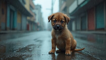 Lonely brown puppy sits on wet city street during downpour. Sad eyes look directly at viewer, conveying sense of abandonment, need for help. Puppy appears hungry, lost, seeking shelter from harsh