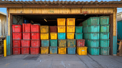 Colorful storage bins stacked high outside an open industrial building.