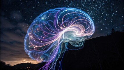 A vibrant, artistic representation of a brain, illuminated with colorful light patterns against a starry night sky.