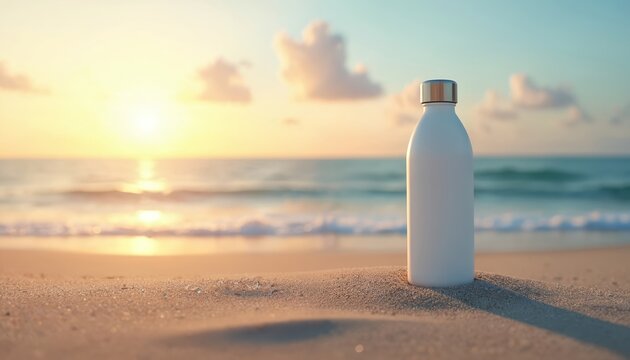 Mockup of white bottle on sand against sea and sunset. Template shows brand advertising of eco friendly reusable water bottle on beautiful beach at ocean. Summer vacation seaside branding.