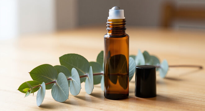 Essential oil roller bottle beside eucalyptus sprig on wooden table  