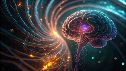An artistic representation of a brain intertwined with glowing, abstract lines, symbolizing thought and connectivity in a vibrant, cosmic setting.