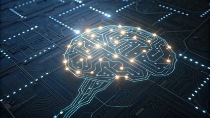 Fototapeta premium A digital representation of a brain intertwined with circuit patterns, symbolizing the fusion of technology and intelligence.