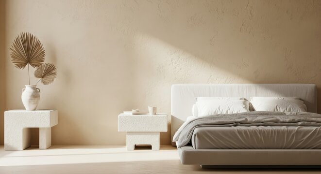 Bedroom Mockup: Abstract Sculptural Desert Oasis, Limewash Wall, Plaster Nightstands
