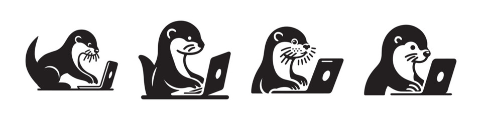 Otter working on laptop focused and concentrated black and white illustration.