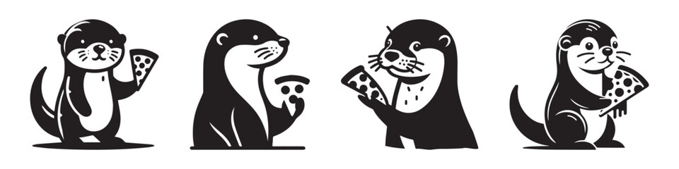 Otter with pizza slices black and white illustration cartoon style.