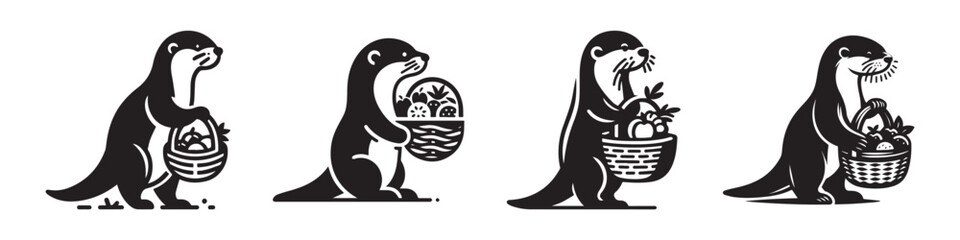 Otter with Easter Basket Illustration Black and White.