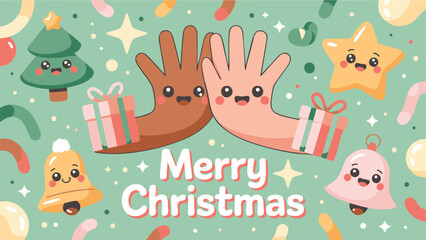 Cute Kawaii Diverse Hands Merry Christmas Greeting Vector