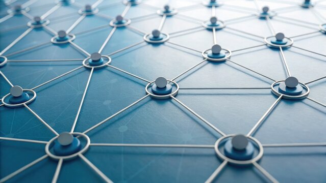 A close-up view of a network design featuring interconnected nodes and lines on a blue background, representing digital connectivity and technology.