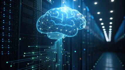 A digital brain visualization connected to data servers, symbolizing artificial intelligence and technology in a futuristic environment.