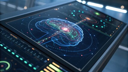 A high-tech display showing a colorful brain model with dynamic visual elements and data points, suggesting advanced neuroscience and technology.