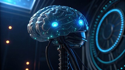 A futuristic robotic brain with glowing elements, surrounded by intricate wiring, set in a high-tech environment.