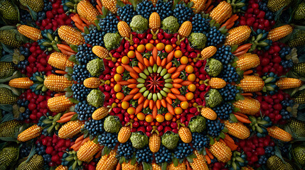 Fresh fruits and vegetables are artfully arranged in a circular pattern, showcasing a variety of colors and textures. This display highlights the beauty of healthy produce at a market.