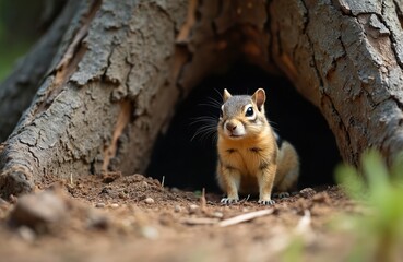 Naklejka premium Small chipmunk sits by tree hole. Rodent looks curious from its burrow entrance. Wild animal in forest. Nature habitat, brown fur, bushy tail. Small mammal near tree base.