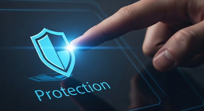 Finger touching glowing blue shield icon symbolizing digital protection