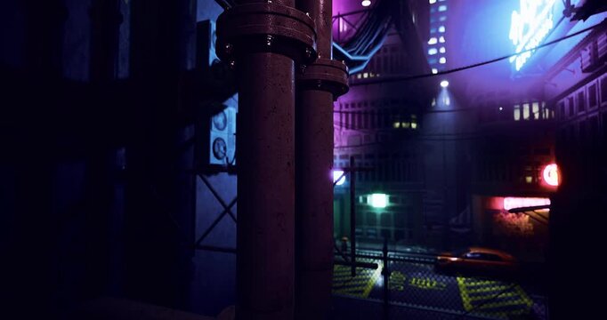 A dimly lit alley in a bustling city features vibrant neon lights impacting the atmosphere. Tall buildings frame the view, revealing urban life at night with a distant vehicle.