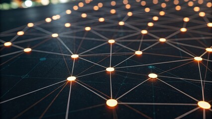 A close-up view of a network of interconnected nodes with glowing points, illustrating a digital or technological theme.